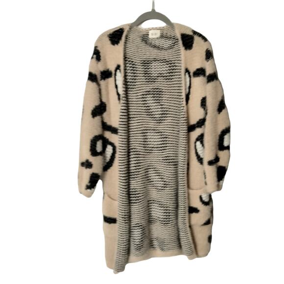 Bibi Sz S Leopard Print Longline Duster Eyelash Cardigan Sweater Tan Open Front - Picture 1 of 7